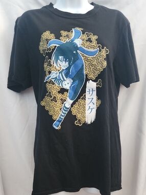 Sasuke Naruto Men's Graphic Tee - Black with Blue & Gold Print